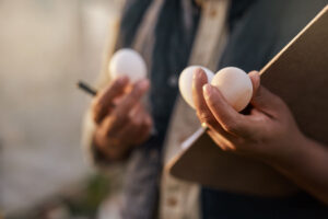 Shot of an unrecognisable farmer inspecting the quality of eggs on his farm