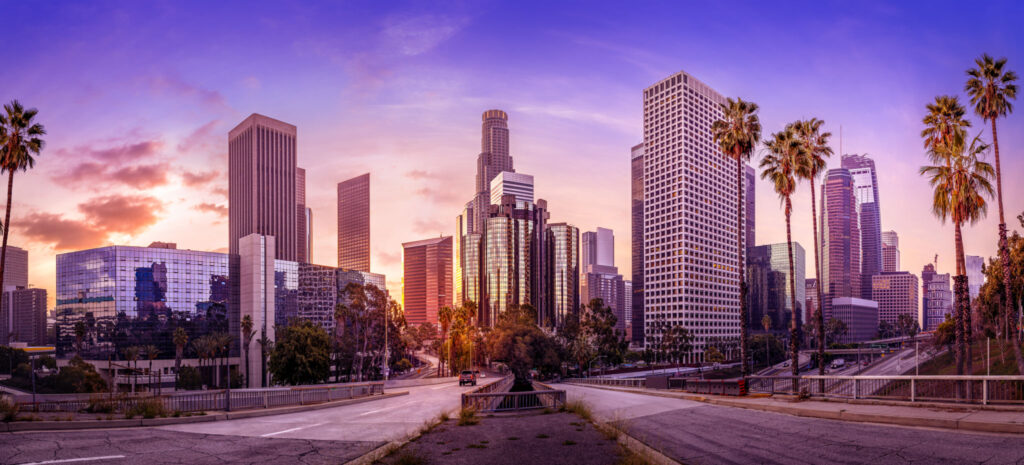 the skyline of los angeles during sunset