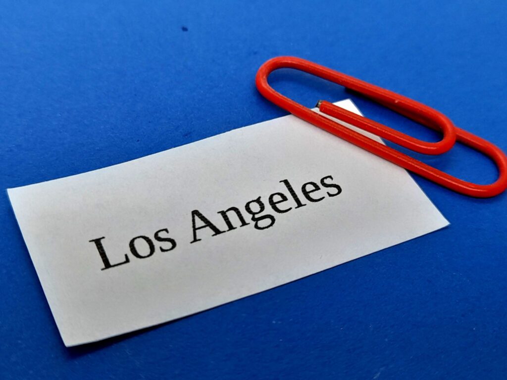 Los Angeles subtitle or text with blue background